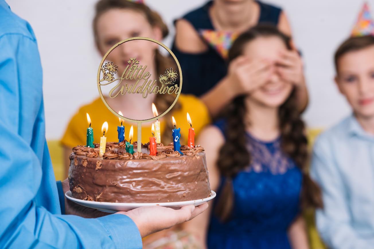 4.72x8.18 Inch Wood Wildflower Cake Topper - Little Wildflower Birthday Decorations - Girls Wild One Birthdays Cake Toppers - Floral Baby Shower Decoration - Souvenirs Birthday for Family and Friends