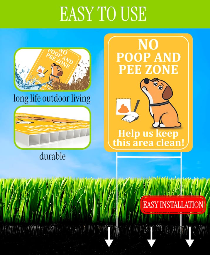 Set of 3 Double Sided 12x8 Inches Plastic Sign "No Poop and Pee Zone" with Metal H-Stakes - Help Us Keep this Area Clean - Pick Up After your Pet - Signage no Dog Pooping and Peeing in Garden