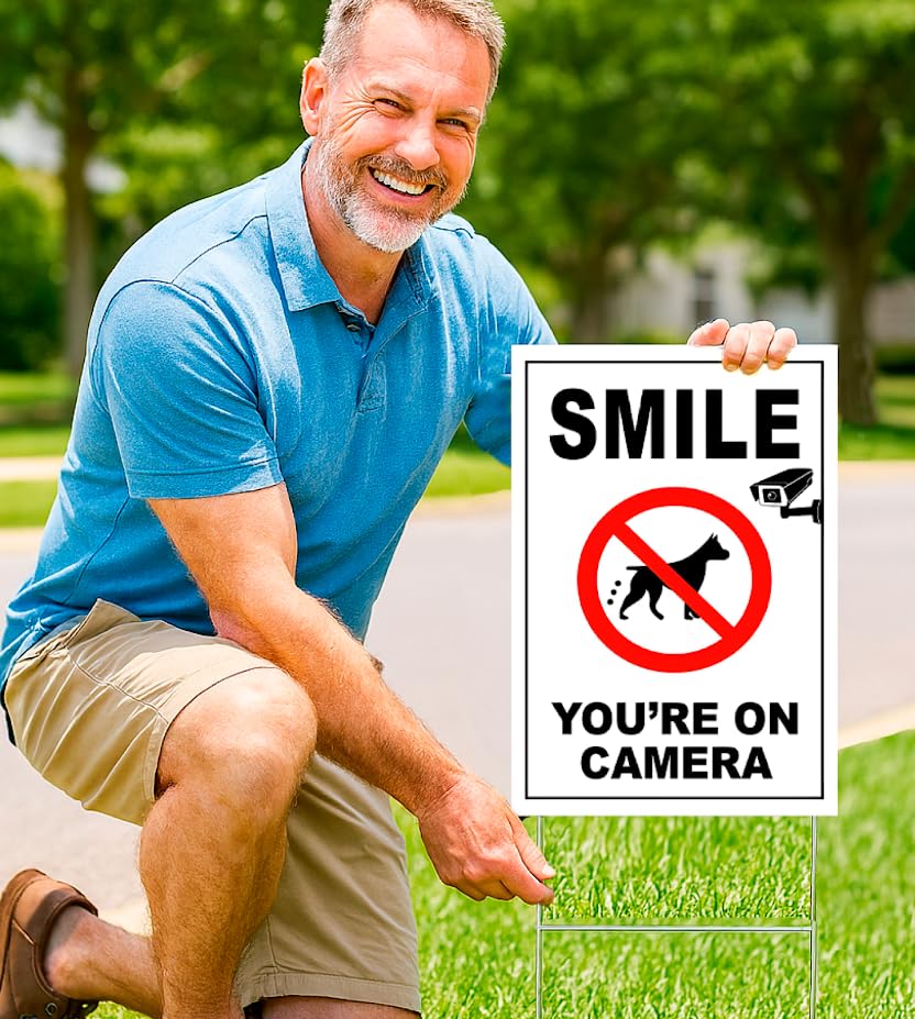 Set of 3 Double Sided 12x8 Inches Plastic Please Do Not Throw Cigarette Butts Signs with Metal H-Stakes - Please Stay Off Grass Sign - No Dog Poop Signs for Yard Outdoor or Garden