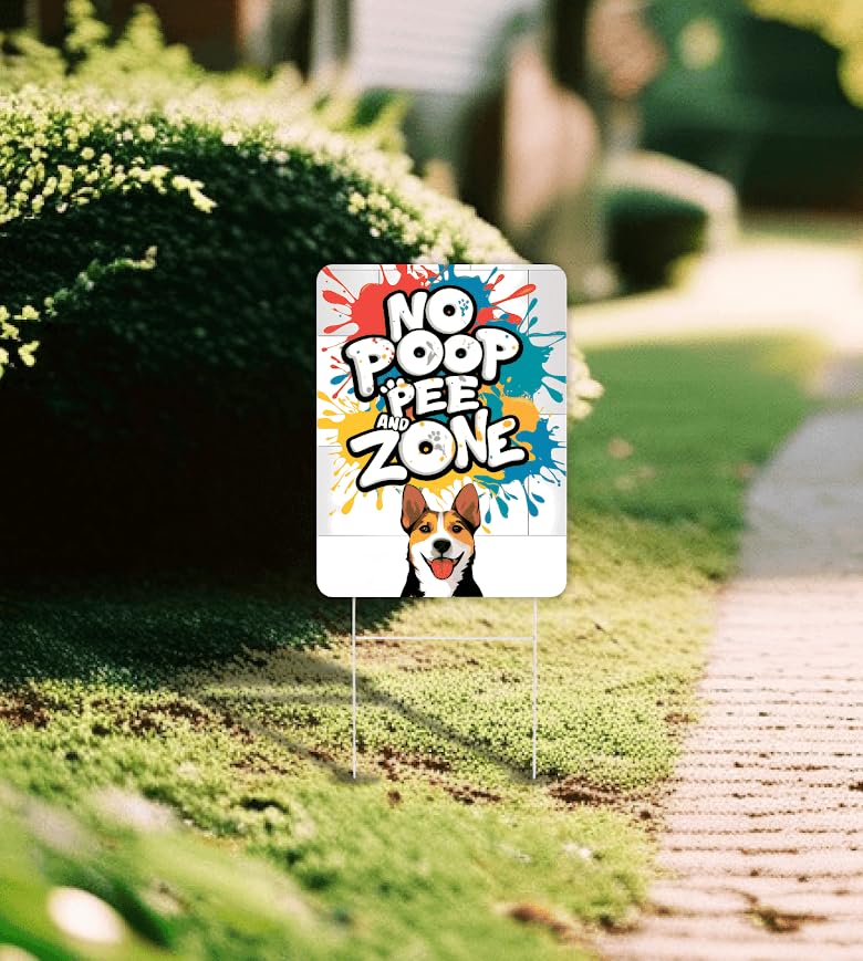 Set of 3 Double Sided 12x8 Inches Plastic Sign "No Poop and Pee Zone" - Signs No Dog Pooping and Peeing For Lawn - Signage Pick Excrement Dogs Clean Up Behind Yard - Keep Pet Off Grounds