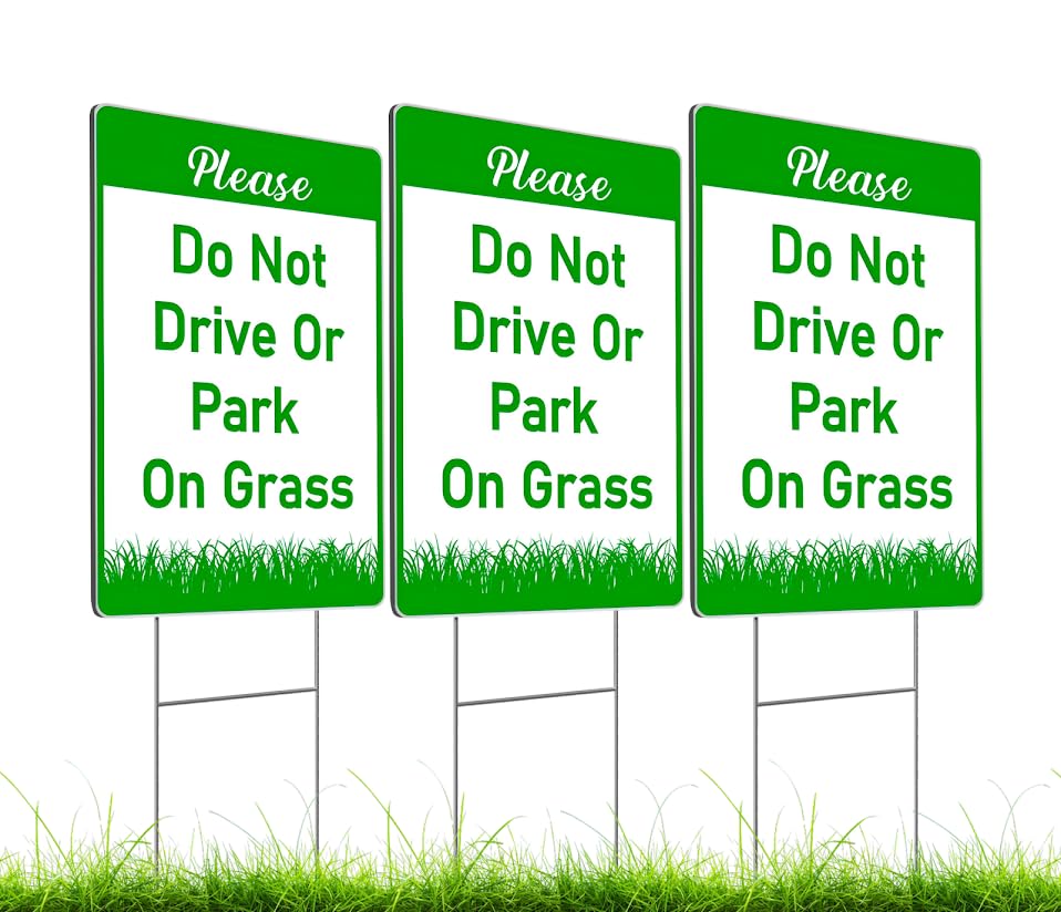 Set of 3 Double Sided 12x8 Inches Plastic Please Do Not Drive Or Park On Grass Signs with Metal H-Stakes - Yard Lawn Stay Off Grass Signs - Green and White Please Keep Off The Grass Sign