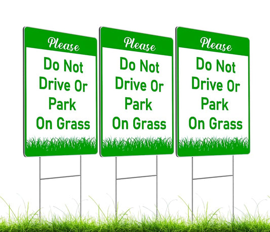 Set of 3 Double Sided 12x8 Inches Plastic Please Do Not Drive Or Park On Grass Signs with Metal H-Stakes - Yard Lawn Stay Off Grass Signs - Green and White Please Keep Off The Grass Sign
