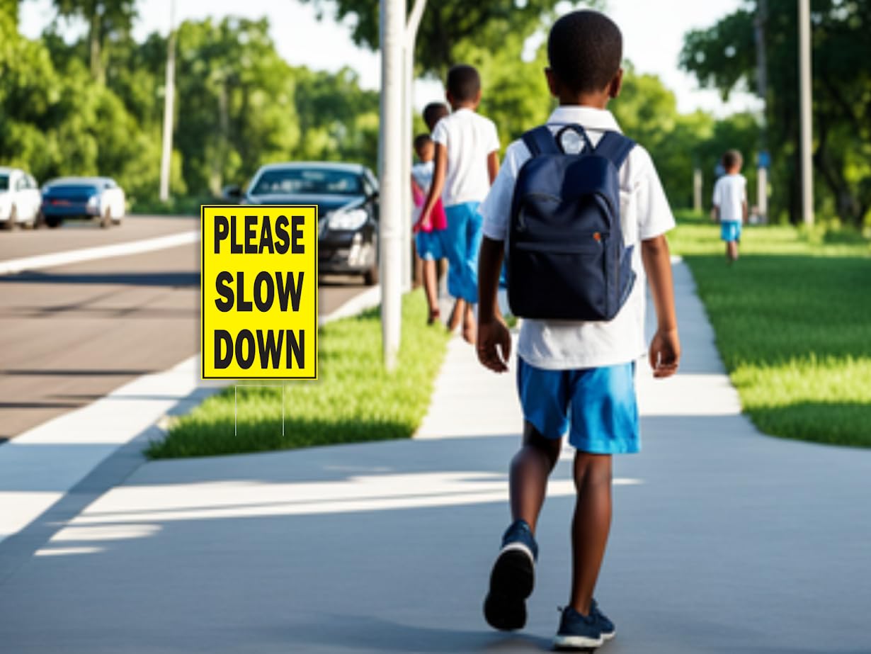 Set of 3 Double Sided Plastic Please Slow Down Sign for Playing Kids in the Street - Drive Like Your Kids Live Here Yard Sign - Slow Road Sign for Neighborhoods - Speed Limit Signs - Play Safety Sign