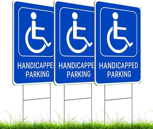 Set of 3 Handicapped Parking Sign with Metal Wire H-Stakes - Double Sided Plastic Reserved Parking Signs - 12x16 Inches Yard for Handicapped Only Signs with Parking Space for Inside or Outside