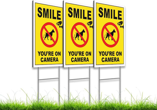 3-Pack of 12x8 Inch Smile Your on Camera Signs with Stakes – Outdoor Lawn Protection No Trespassing, Video Surveillance Home Security Yard Signs – Double-Sided Warning Signs for Private Property