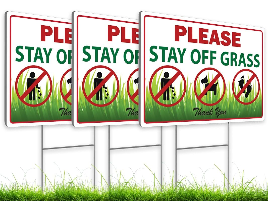 8x12 Inch Double Sided Please Stay Off Grass Sign pack of 3 - No Dog Poop Signs for Yard outdoor - Pick Up After Your Dog Sign - No Pets No Dogs Allowed or Keep Dogs off Lawn Signs with Grass Stakes