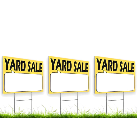 Set of 3 Double Sided 12x16 Inches Plastic Yard Sale Signs with Metal H-Stakes - Agent Realtor Supplies - Visibility Yard Sales Sign with Space To Fill - Plastic Signs for Outdoor Estate Sales