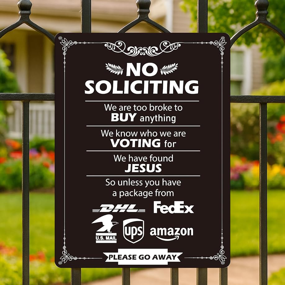 12x16 inch Metal Tin Signs with Quote "No Soliciting" - No Soliciting Sign for Home and Business - Property Protected by Surveillance with Yard - No Intrusion Private Property Metal Sign Decoration