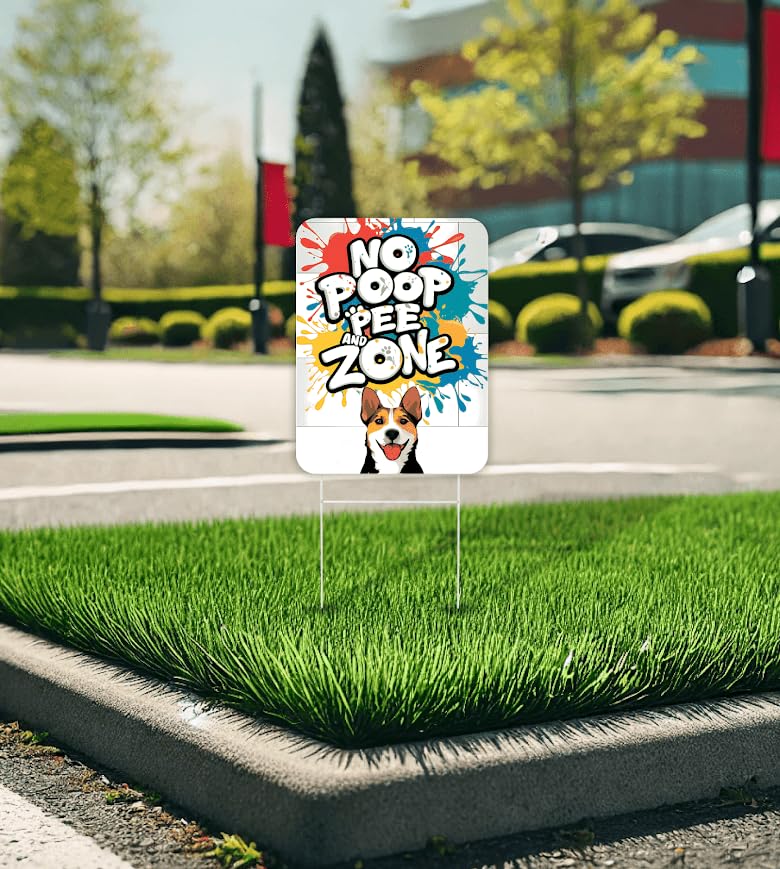 Set of 3 Double Sided 12x8 Inches Plastic Sign "No Poop and Pee Zone" - Signs No Dog Pooping and Peeing For Lawn - Signage Pick Excrement Dogs Clean Up Behind Yard - Keep Pet Off Grounds