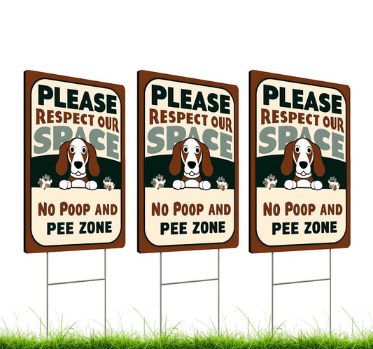 Set of 3 Double Sided 12x8 Inches Plastic Sign "Please Respect Our Space and Peee Zonie No Poop and Pee Zone" - No Dog Poop Signs for Yard - Please Clean Up After Your Pet - No Pooping Dog for Garden