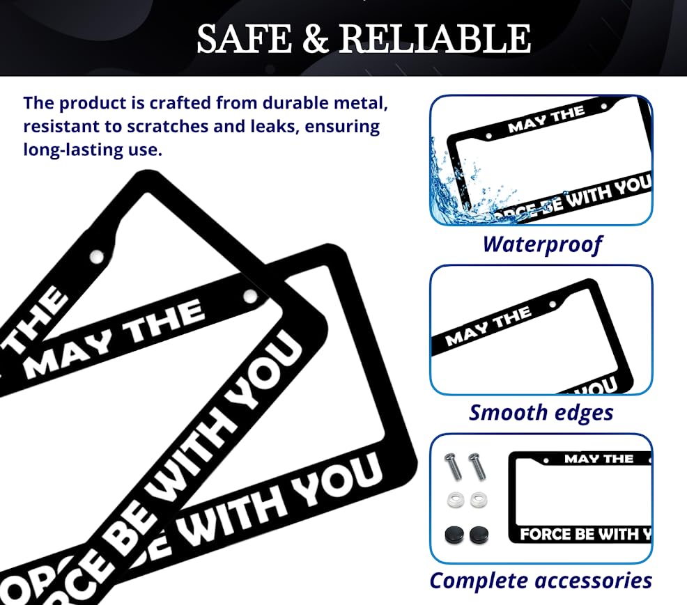 Car License Plate Frame May The Force Be - Standart Cars USA Stainless Steel Frame for Front and Rear - Plate Frame License - Metal Plate with 2 Holes and Screws 6x12.25 inches