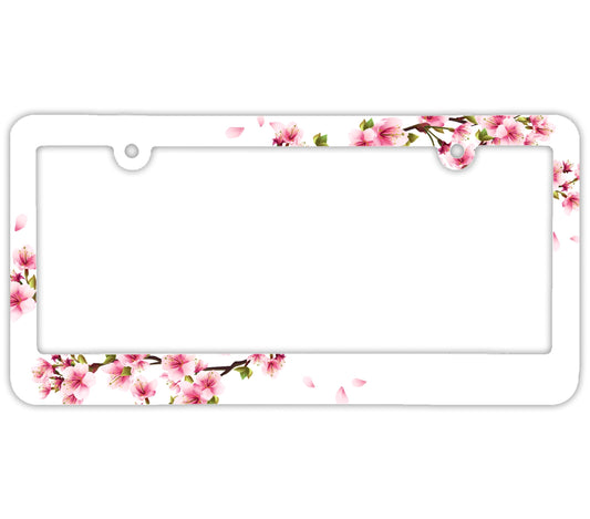 Personalise Beautiful Cherry Blossom License Plate Frames - Floral Universal Aluminum Accessories Cars Decor - Metal Plate Frame with Screws 6 x 12.25 inches - Holes Fits Standard US Vehicles