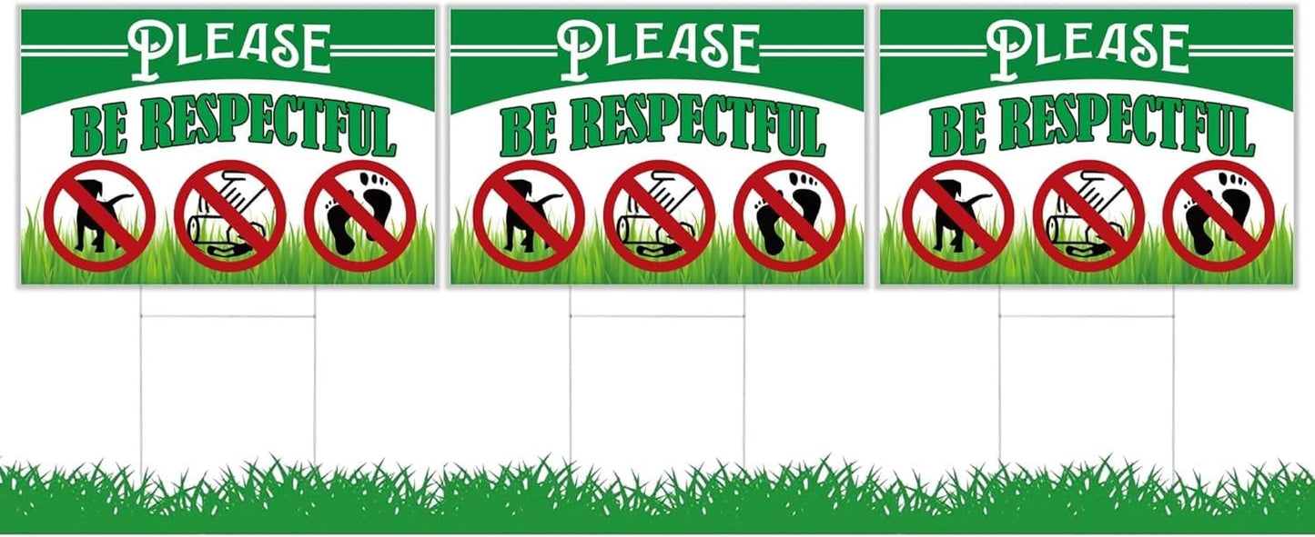 Pack of 3 Be Respectful Dog Sign 8x12 Inch Double Sided - No Dog Poop Signs for Yard - Pick Up After Your Dog Sign - No Pets No Dogs Allowed or Please Keep Off Grass Lawn Signs with Stakes