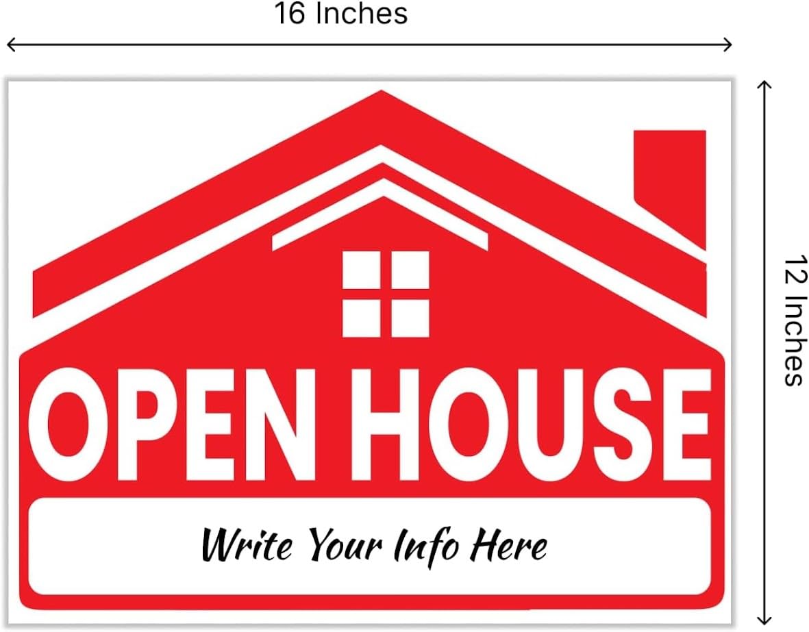 ULVEOL 12x16 Inch Red Plastic Open House Signs for Real Estate Agent Supplies - 3 Count with H Wire Stakes