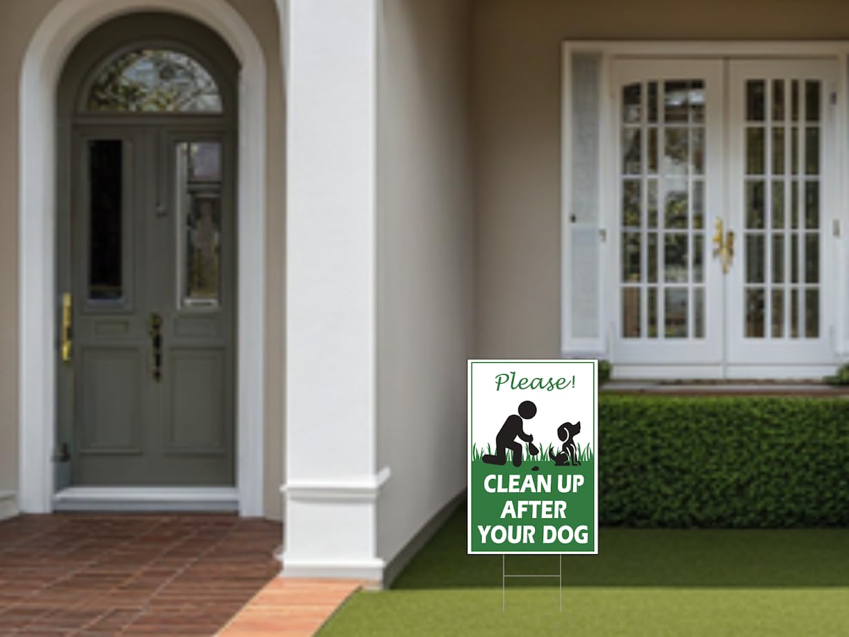 Set of 3 Double Sided Please Clean Up After Your Dog 12x8 inch - Yard Sign with Metal Wire H-Stakes Included - Easy to Install No Pooping Dog Lawn Signs or Dogs Be Respecful - Keep Off Grass Sign