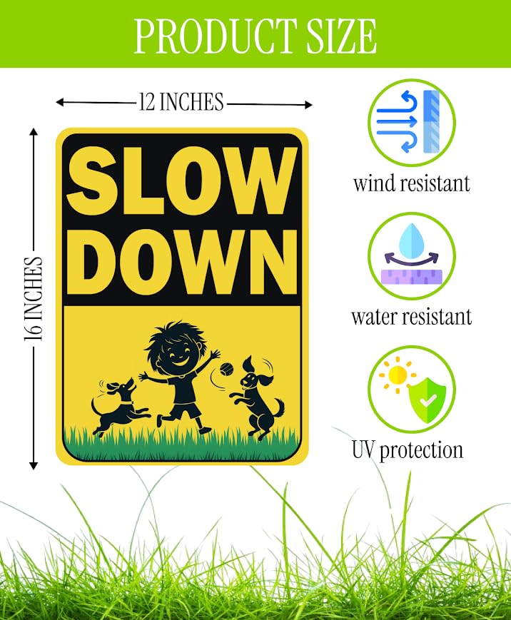 Set of 3 Double Sided 12x16 Inches "Slow Down" Sign with Metal H-Stakes - Caution Children at Play Signs for Avenue - Kids Alert Street Safety Highway Signage - School Zone Speed Limit