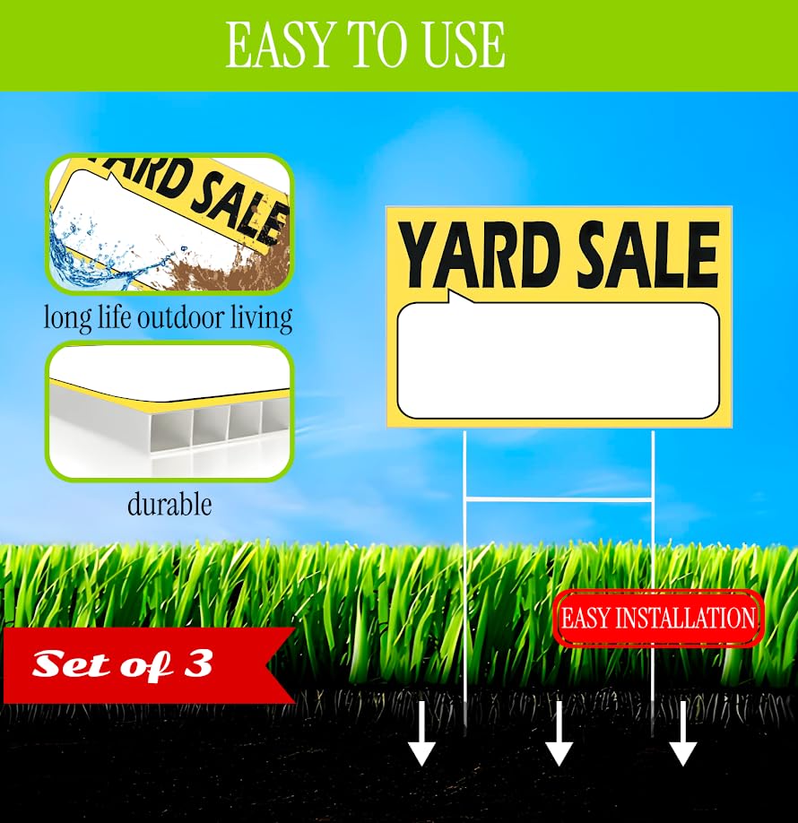 Set of 3 Double Sided 12x16 Inches Plastic Yard Sale Signs with Metal H-Stakes - Agent Realtor Supplies - Visibility Yard Sales Sign with Space To Fill - Plastic Signs for Outdoor Estate Sales