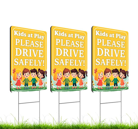 3 Set of 12x16 Inches "Thank You For Driving Slowly Kids at Play Please Drive Safely" Sign with Metal H-Stakes - Speed Limit Drive Slow Signage - Child Playing for Street Warning