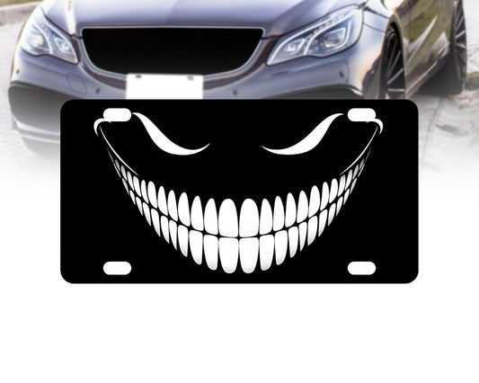 Personalized Front Black Cheshire Cat License Plate Frame - Alice in Wonderland Accessories Decorative License Plate Frames - Car Frames Evil Cheshire Cat Smile with 4 Standard Slotted Mounting Holes