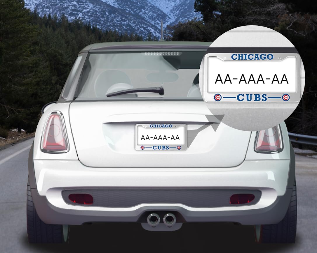 Personalized Car License Plate Frame for US Standard - Chicago Cubs 6x12.25 Inch License Plate Frames with 2 Holes and Screws - Stainless Steel Frame for Front and Rear - Universal American Frames