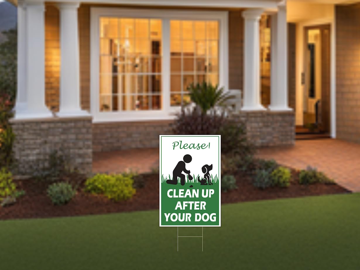 Set of 3 Double Sided Please Clean Up After Your Dog 12x8 inch - Yard Sign with Metal Wire H-Stakes Included - Easy to Install No Pooping Dog Lawn Signs or Dogs Be Respecful - Keep Off Grass Sign