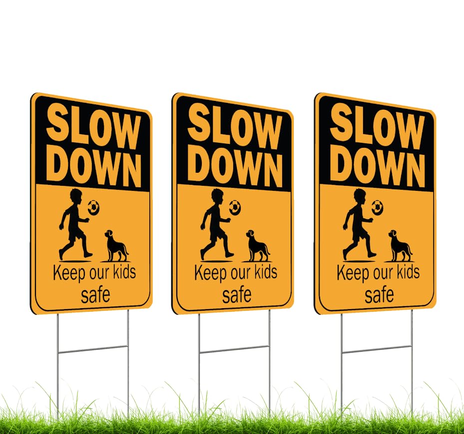 Set of 3 Double Sided 12x16 Inches Plastic Sign "SLOW DOWN Keep Our Kids Safe" - Сhildren at Play Safety Signs for Street - Drive Like Your Kids Live Here Signage - Neighborhood Watch Kids at Play