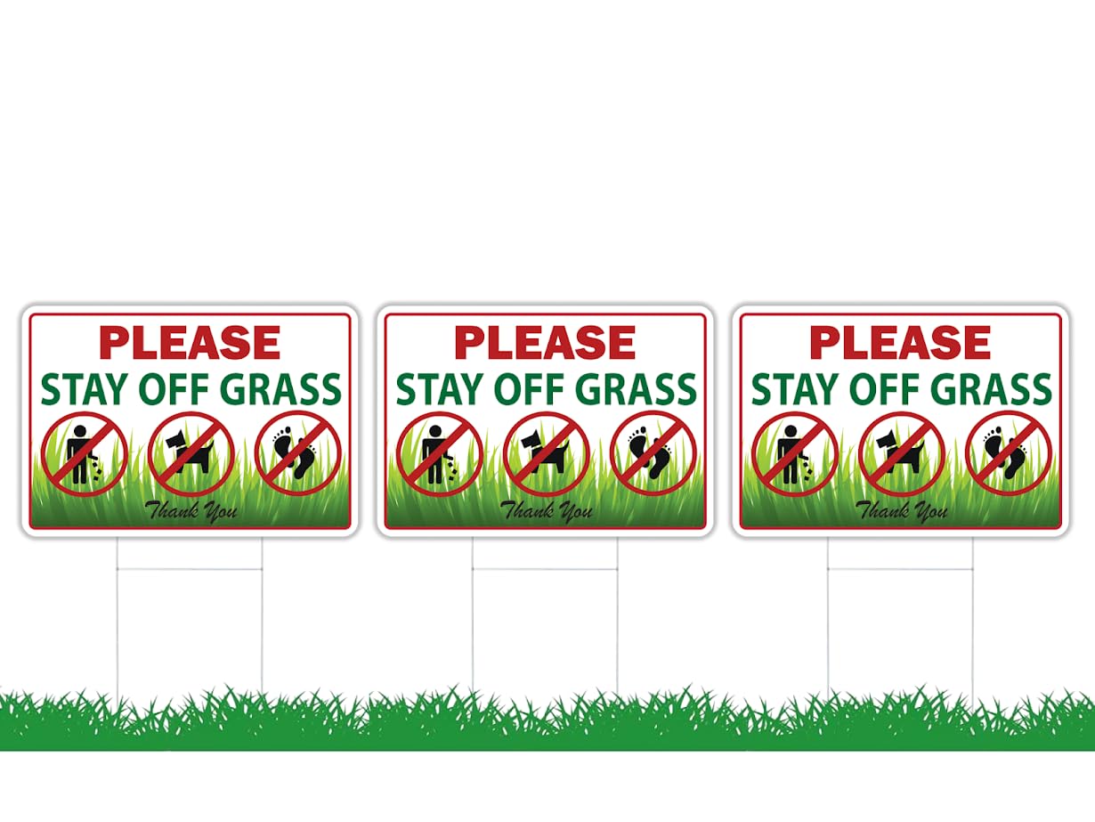 8x12 Inch Double Sided Please Stay Off Grass Sign pack of 3 - No Dog Poop Signs for Yard outdoor - Pick Up After Your Dog Sign - No Pets No Dogs Allowed or Keep Dogs off Lawn Signs with Grass Stakes