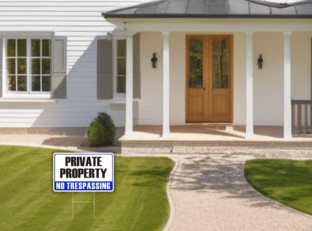 12x8 Double Sided Set of 3 Private Property No Trespassing Signs - Warning Signs Protect Your Home - No Intrusion Signs with Metal H Lawn Stakes - Red Blue and Black - Security and Privacy sign