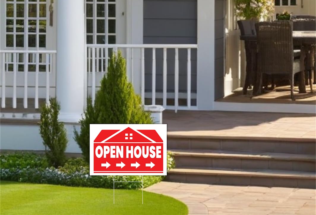 Set of 3 Signs - Red Open Doors with Plastic - Double Sided Small Lawn Real Estate Signs with Metal Directional Signs 3 Tall Stands 12 x 16 Inch for Outdoor Real Estate Agent