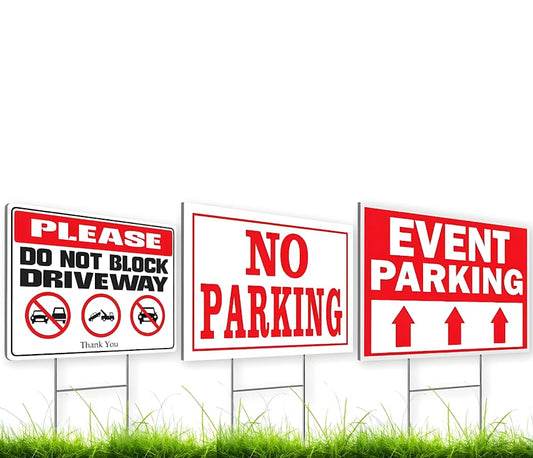 Set of 3 Double Sided 12x8 Inches Plastic Parking Signs with Metal H-Stakes - Please Do Not Block Driveway Sign for Business or Yard - Plastic Signs with Pointer to Parking Space - No Parking Sign