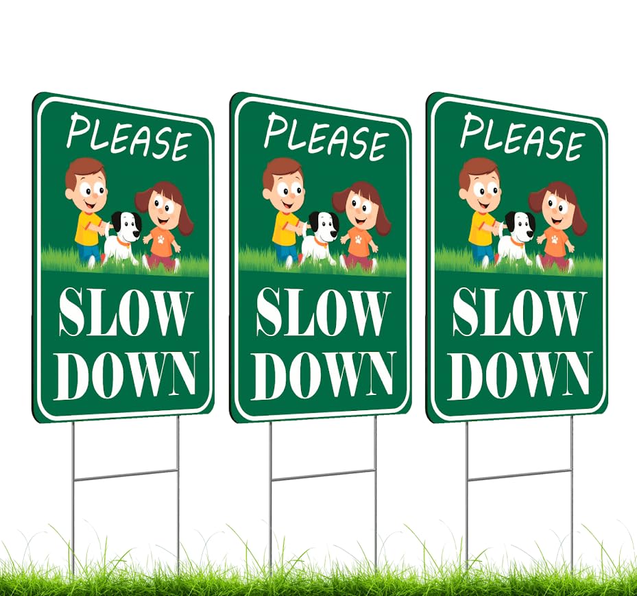 Set of 3 Double Sided 12x16 Inches Please Slow Down Sign with Metal H-Stakes - Children and Pets at Play Safety Signs for Street - Plastic Street Slow Sign - Traffic Safety Signs for Neighborhoods