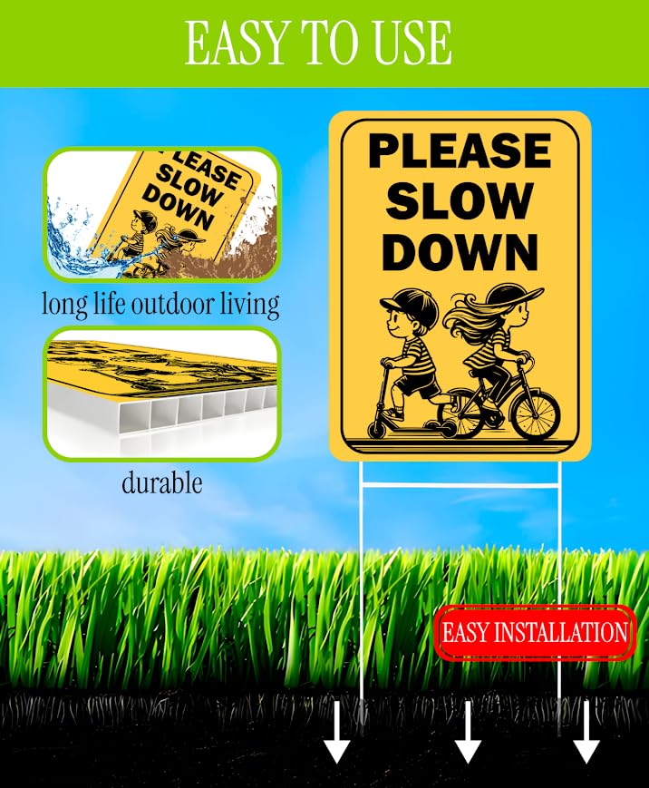 Set of 3 Double Sided 12x16 Inches "Please Slow Down" Sign with Metal H-Stakes - Сhildren at Play Safety Signage for Street - School Zone Speed Limit - Drive Like Your Child Live Here Yard