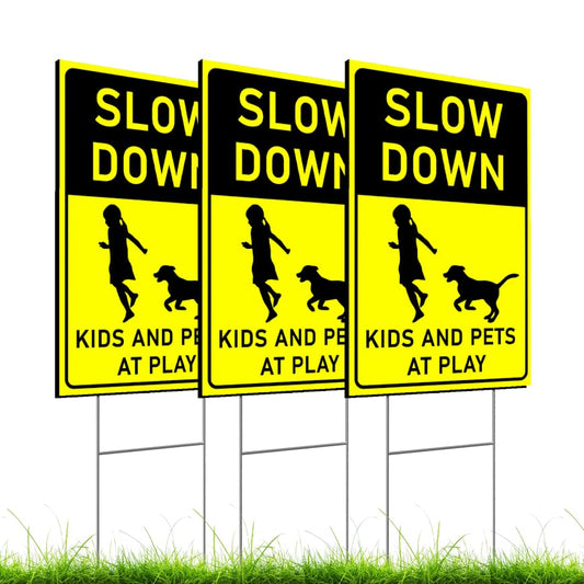 Set of 3 Double Sided 12x16 inches Slow Down Kids and Pets at Play Sign with Metal Wire H-Stakes - Street Slow Children at Play Sign - Animals Crossing Sign - Children at Play Safety Signs for Street