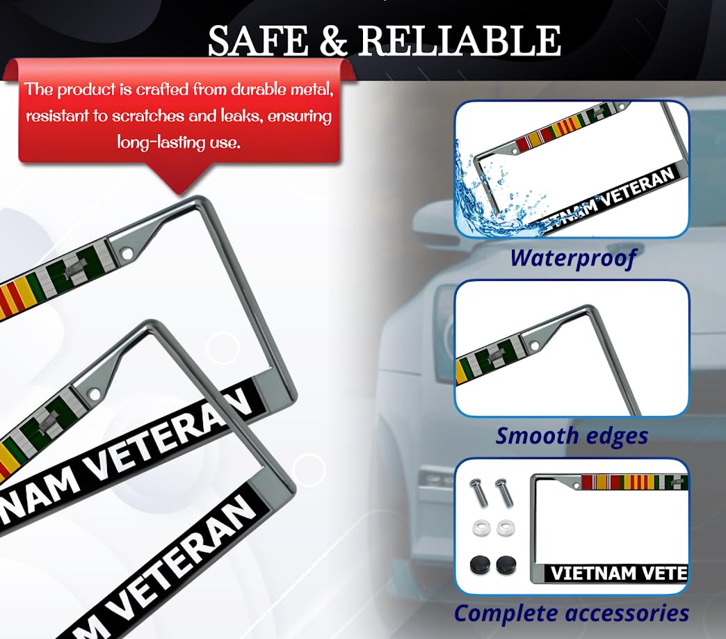 6x12 Inch Car Chrome License Plate Frame Vietnam Veteran - Silver License Plate Frame with 2 Holes and Screws - Bracket for Standard Cars USA Stainless Steel Frames for Front or Rear