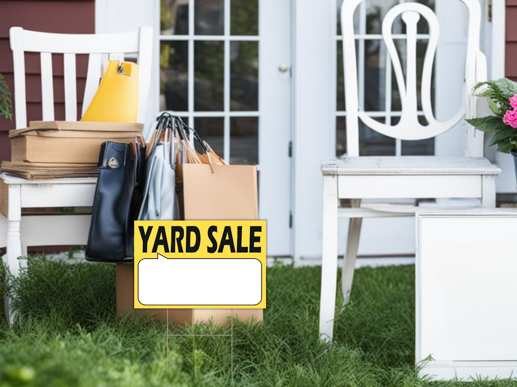 3 Yard Sale Signs with Stakes High Visibility Double Sided Printing 12x16 Inch - Corrugated Plastic - Lawn Outdoor Garage or Outdoor Property Sale Sign for Business or Personal Use