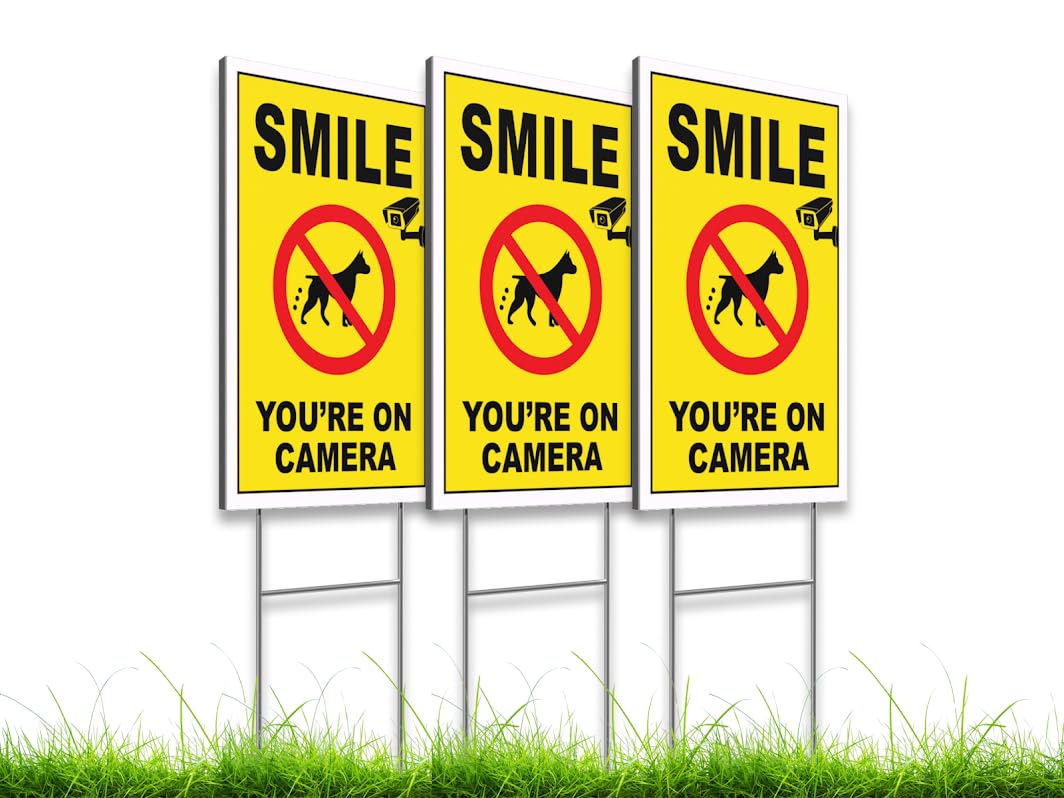 3 Pack 8x12 Inch Smile Your on Camera Signs with Stake - No Tresspassing. Private Property Video Surveillance Home Security Yard Sign - Warning Signs for Property - Single Sided Signs off Lawn Outdoor