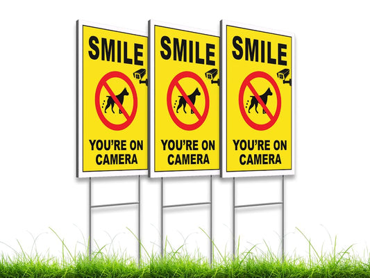 3 Pack 8x12 Inch Smile Your on Camera Signs with Stake - No Tresspassing. Private Property Video Surveillance Home Security Yard Sign - Warning Signs for Property - Single Sided Signs off Lawn Outdoor