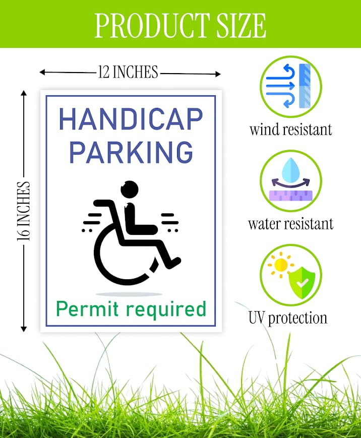 Set of 3 Double Sided 12x16 Inches "Handicap Parking Permit Required" Sign with Metal H-Stakes - Сustom Reserved Parking - Signage Designated Parking for People with Disabilities