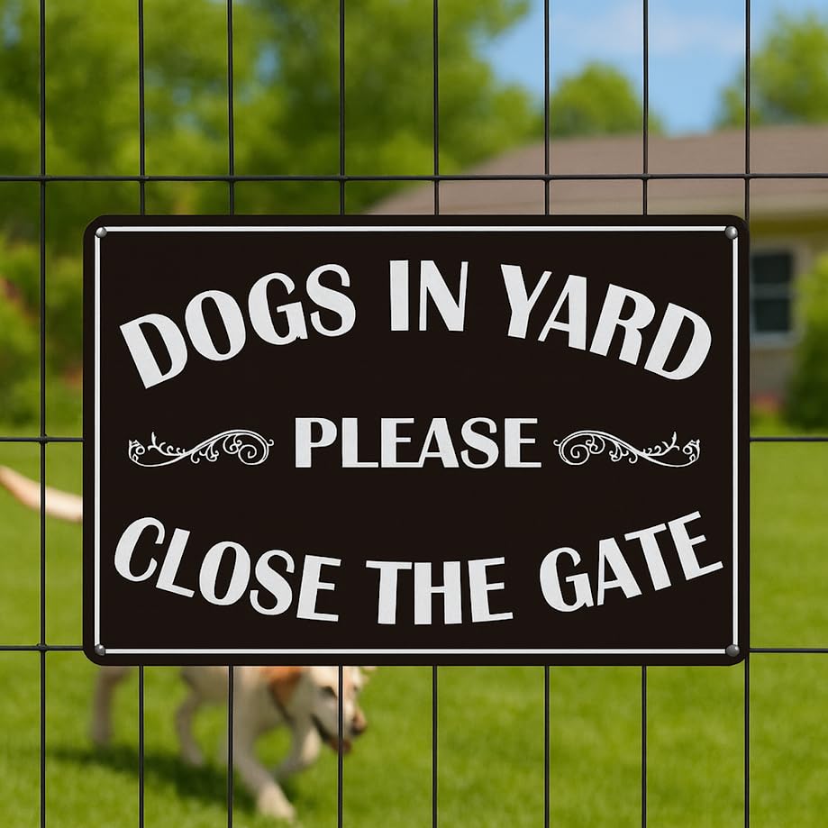 12x16 inch Metal Tin Signs with Quote "Dogs in Yard Please Close the Gate" - Security Warning Dog Signs with Metal - Dogs for Front Door Beware Of Dog Tin Sign - Keep Gate Closed Decorations