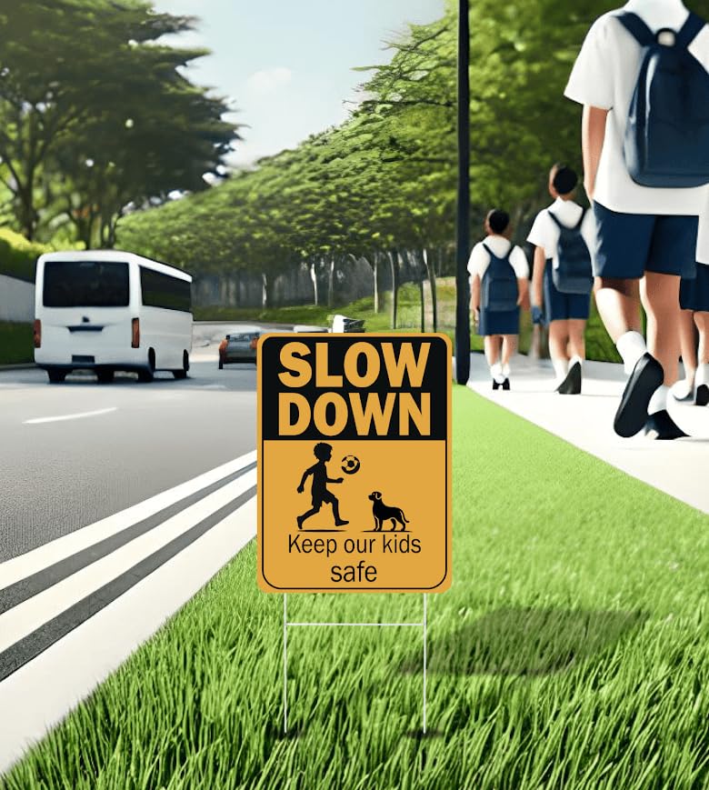 Set of 3 Double Sided 12x16 Inches Plastic Sign "SLOW DOWN Keep Our Kids Safe" - Сhildren at Play Safety Signs for Street - Drive Like Your Kids Live Here Signage - Neighborhood Watch Kids at Play