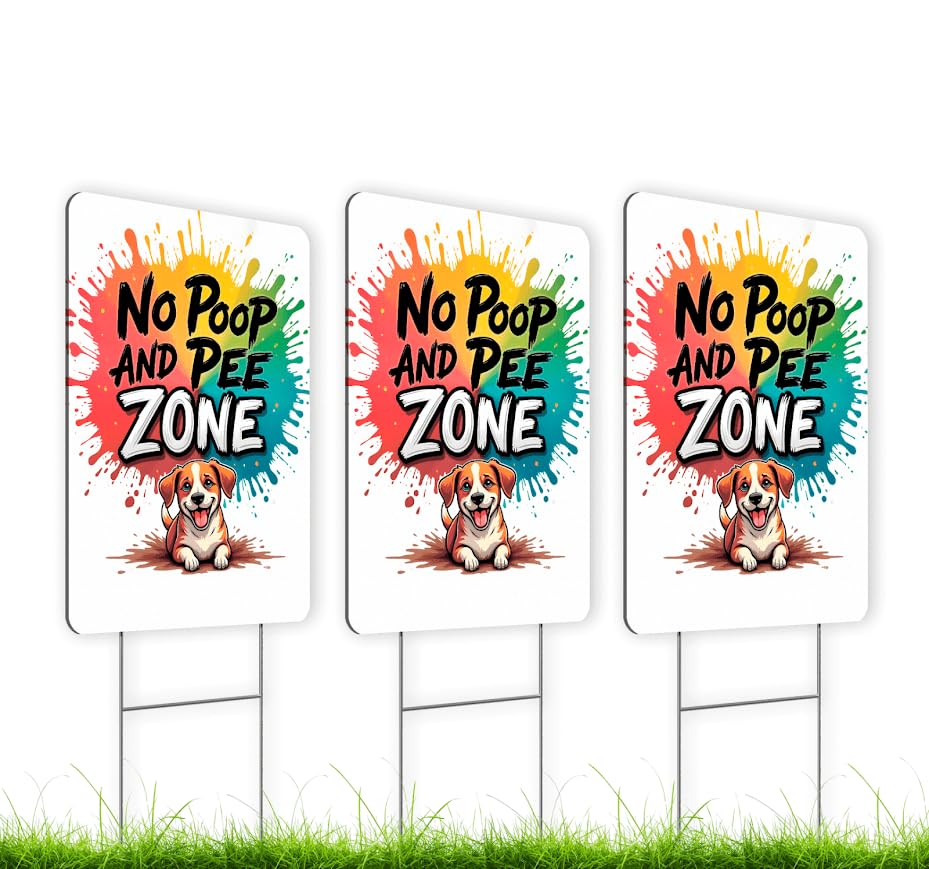 Set of 3 Double Sided 12x8 Inches Plastic Sign "No Poop and Pee Zone" - Signs Pick Up After Your Dogs - Signage No Pooping and Peeing Dog for Yard - Keep Animals Off Grass and Clean Up After