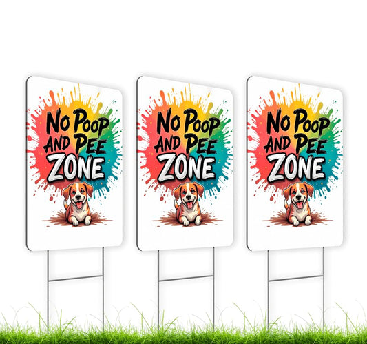 Set of 3 Double Sided 12x8 Inches Plastic Sign "No Poop and Pee Zone" - Signs Pick Up After Your Dogs - Signage No Pooping and Peeing Dog for Yard - Keep Animals Off Grass and Clean Up After