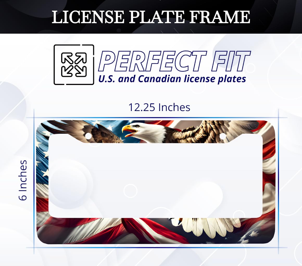 Personalized License Plate Frame 6x12.25 Inches - in The National Colors of American - Bald Eagle Print with 2 Standard Slotted Mounting Holes - Aluminum Alloy Frames for Number