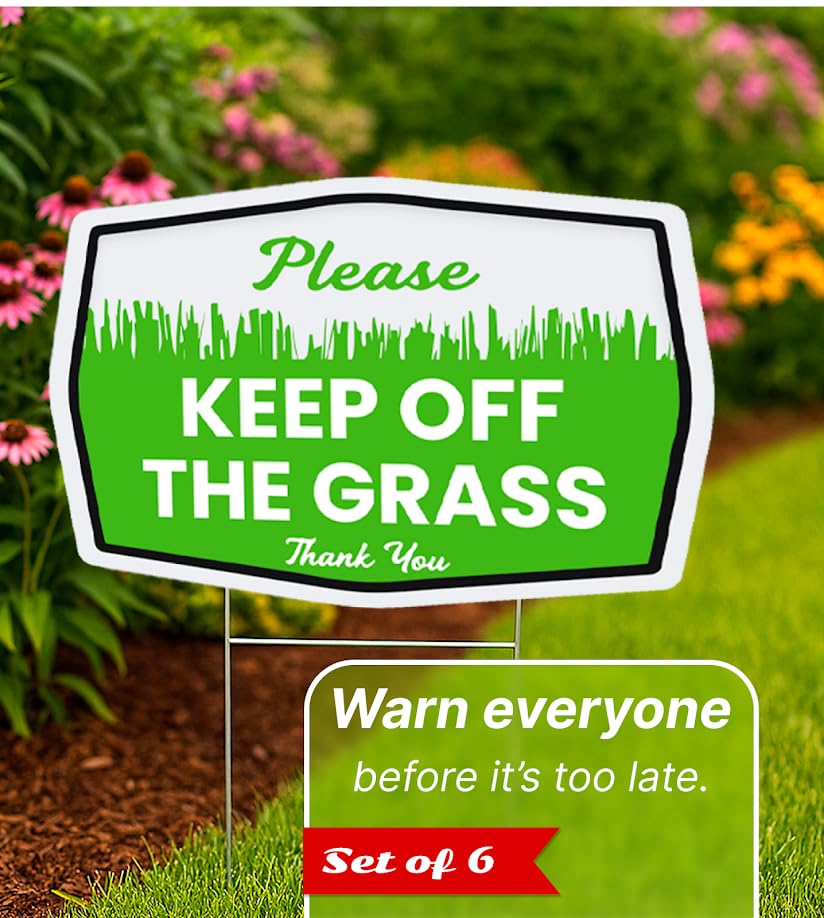 Set of 3 Double Sided 12x8 Inches Plastic Please Keep Off The Grass Thank You Signs with Metal H-Stakes - Curb Your Dog no Pooping and Peeing Lawn Signs - No Dog Poop Signs for Yard Decoration