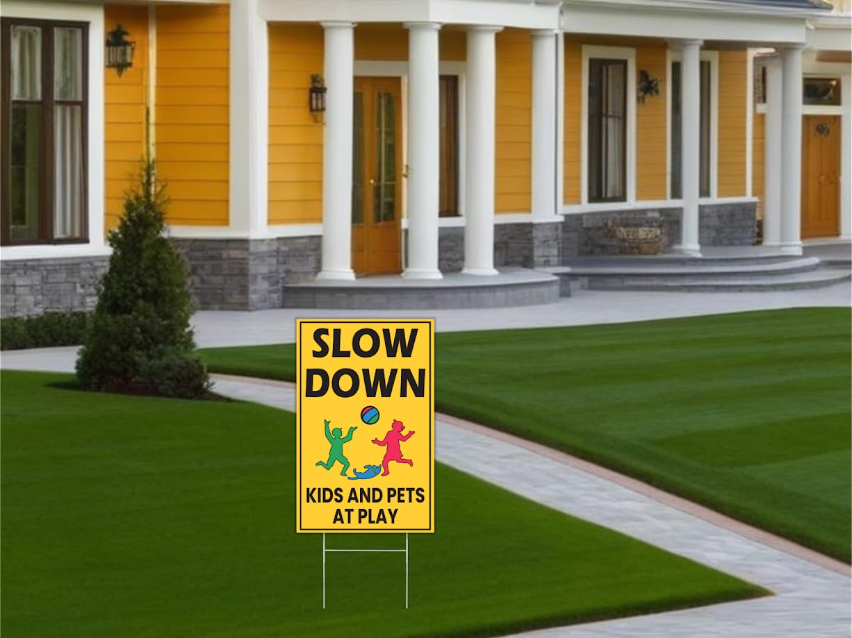 Plastic Drive Slow Kids Play Sign Set 12x8 Inch Double Sided - Street Safety Signs with Stakes - Attention Kids Playing Road Sign - Caution and Slow Kids standing sign - Kids in Play Safety Signs