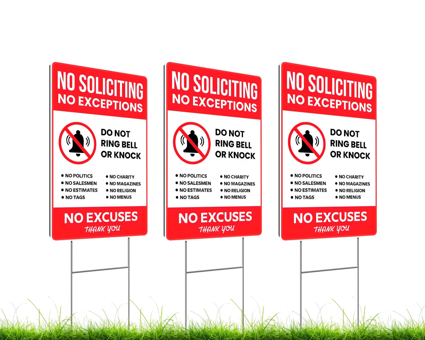 Set of 3 No Solicitation No Exceptions Sign with Metal Stakes - Funny Decor for Home House Yard - No Exceptions Do Not Ring Bell No Knock Sign - No Excuses Lawn Sign for Outdoor