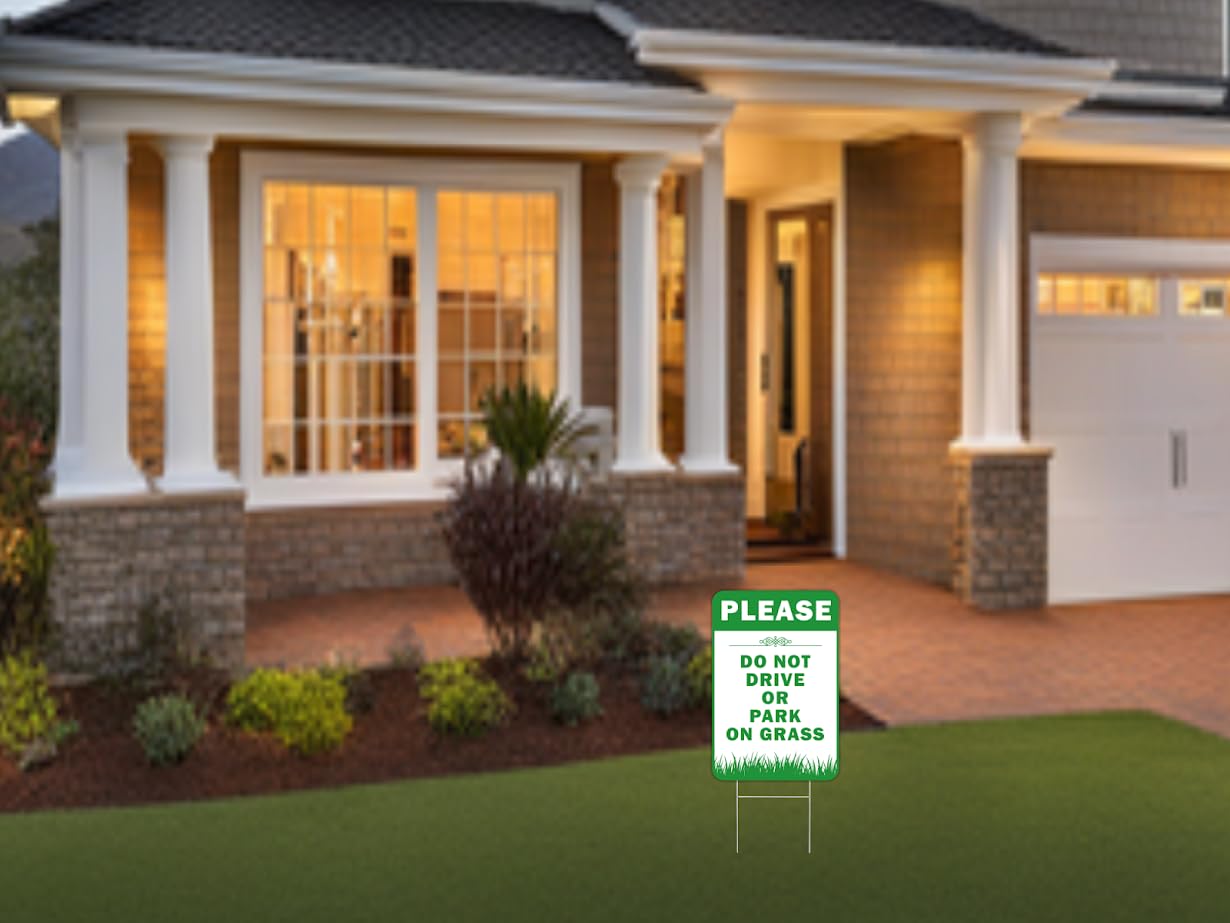 6X Please Do Not Drive Or Park On Grass Signs with Stakes - Plastic Street, Road Private Property No Parking Sign - 12x8 Inch Yard Lawn Stay Off Grass Signs with Stake - Please Keep Off The Grass Sign