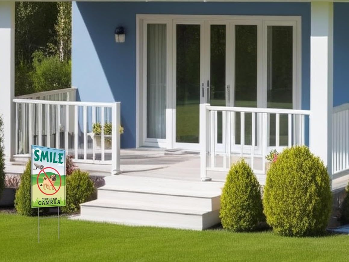 12x8 Pack of 3 Funny Smile You're On Camera Yard Sign with Stakes - Double-Sided Security Camera Video Surveillance Signs for Home Business - Warning Plastic Signs for Property Indoor or Outdoor