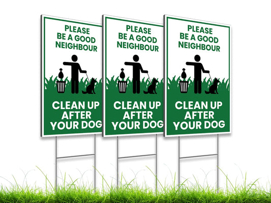 3X Single Sided 12х8 inch Clean Up After Your Dog Sign with Metal Wire H-Stakes - Be a Good Neighbor Sign - Pick Up Your Dog Poop Signs - Keep Off Grass Dog Poop Sign - Clean Up After Your Dog Signs