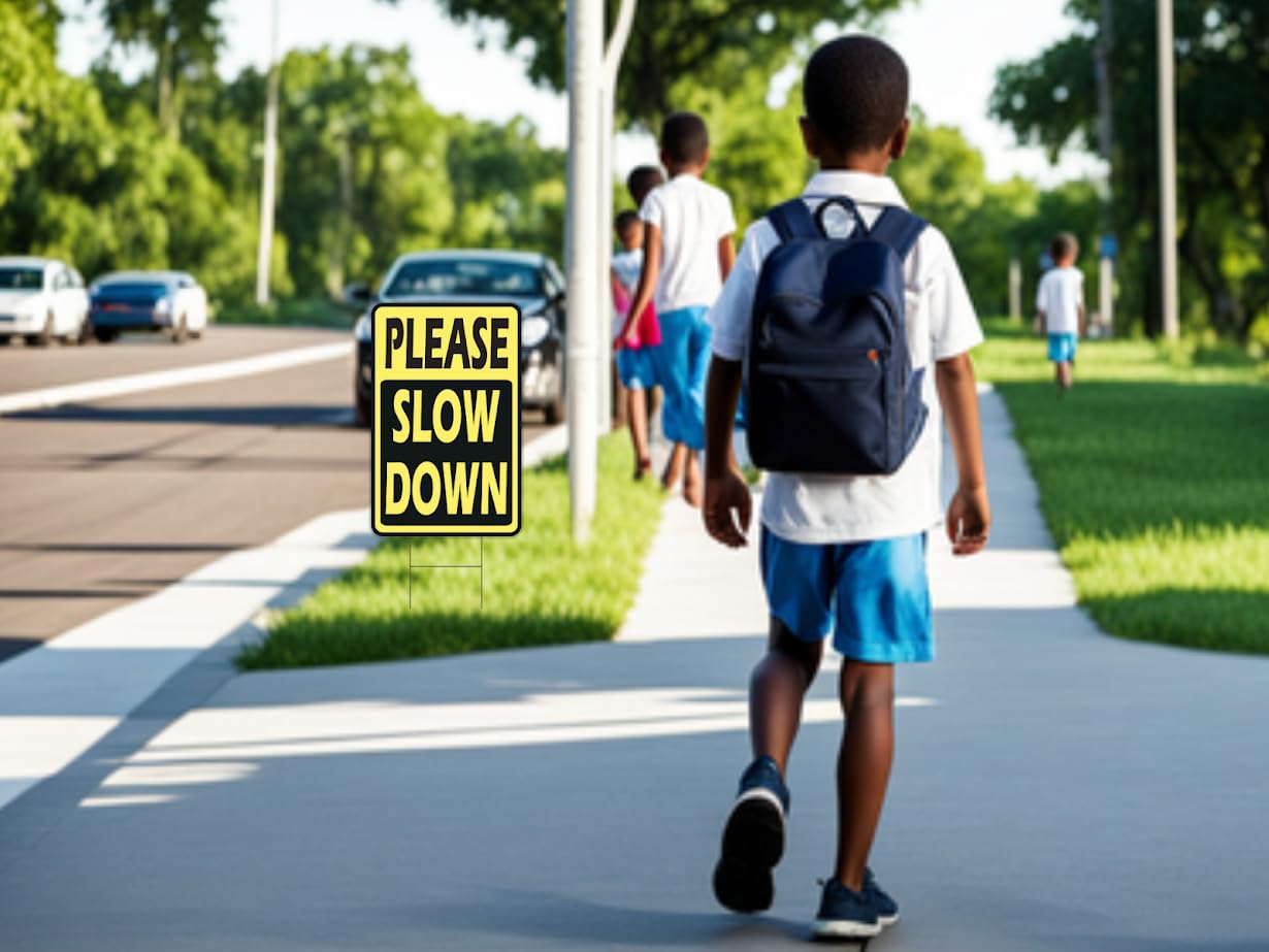 Set of 3 Double Sided 12x8 Inches Please Slow Down Signs with Stakes - Road, Traffic Safety Signs for Neighborhoods - Children and Kids at Play signs - Street Slow Children at Play Sign